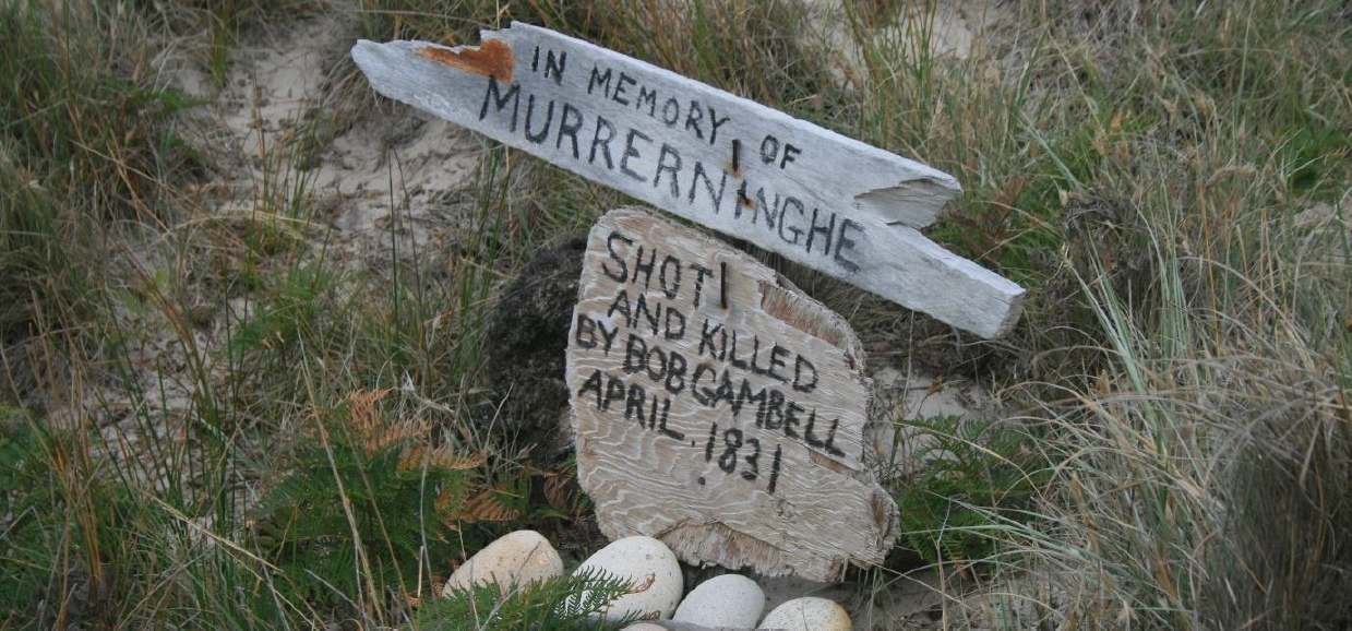 Gravesite (?) memorial at Garden Cove on Deal Island. Murrerninghe was Truganinni’s sister, abducted and taken to work on Kangaroo Island by sealers and shot and killed on Deal Island.