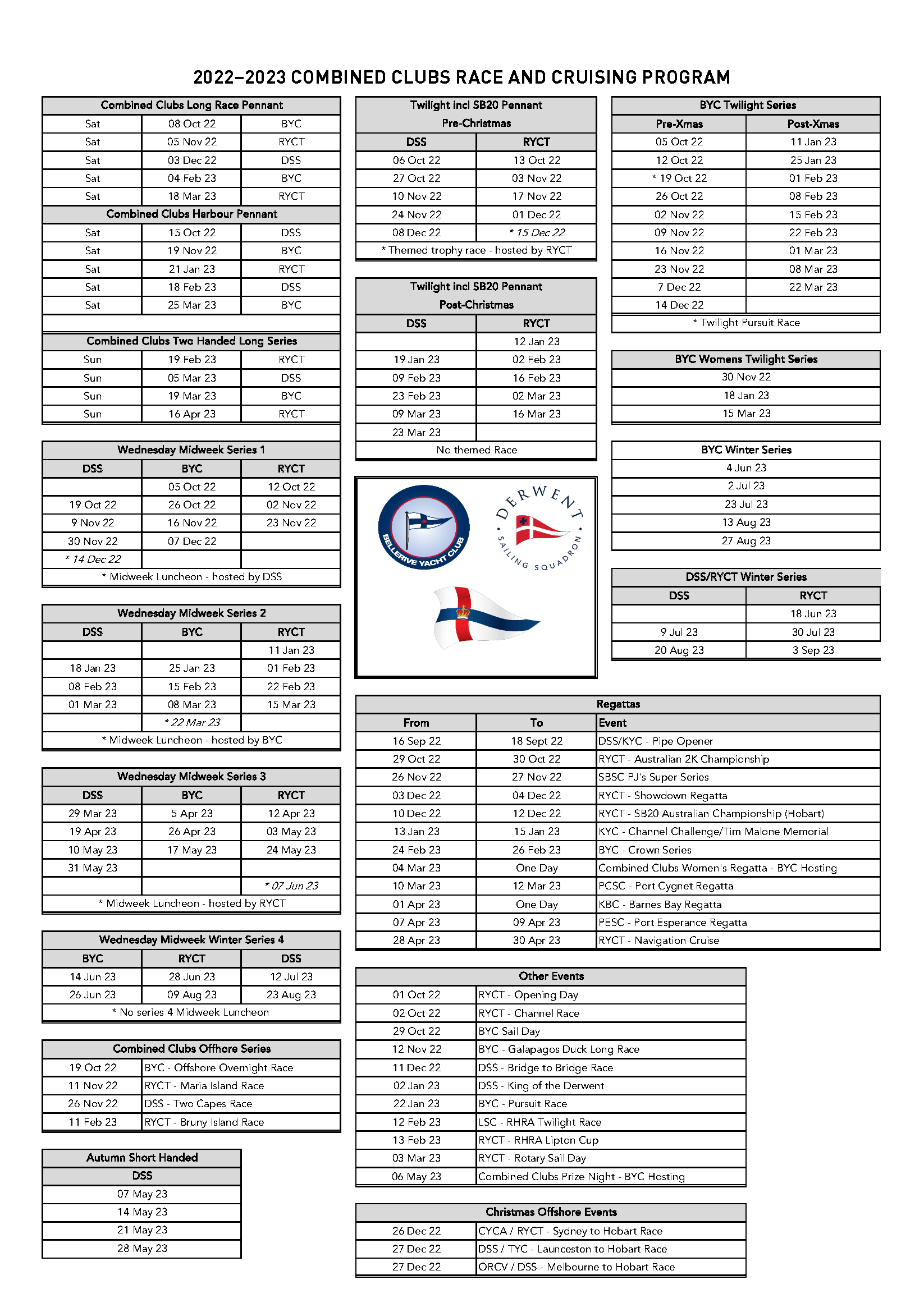 2022-23 Combined Clubs Calendar